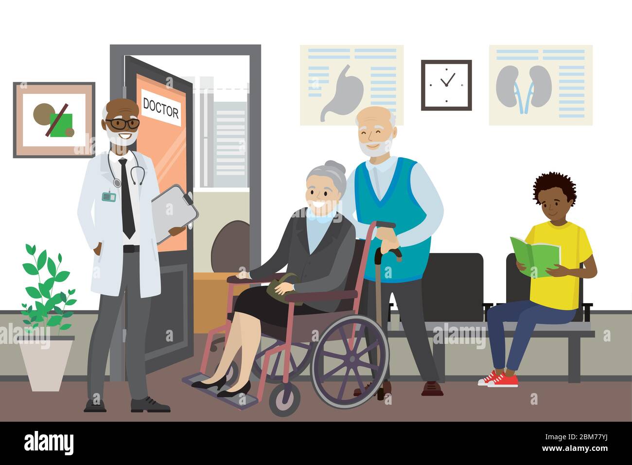 Caricature african american médecin et les gens d'attente près du bureau du médecin, hall intérieur avec porte ouverte, illustration vectorielle plate Illustration de Vecteur