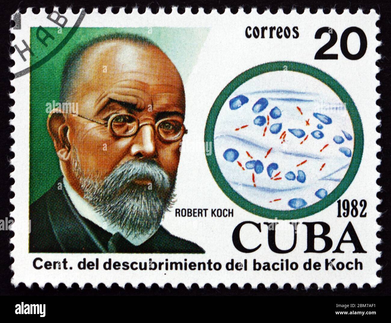 CUBA - VERS 1982 : timbre imprimé à Cuba dédié à la découverte du bacille de la tubercle par le dr. Robert Koch, vers 1982 Banque D'Images