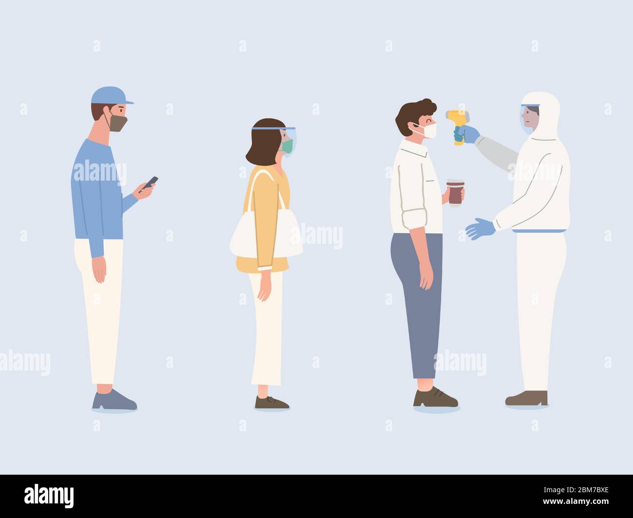 Les personnes avec masque et masque facial sont en ligne pour attendre le contrôle de la température corporelle par le personnel par thermomètre infrarouge. Illustration de Vecteur