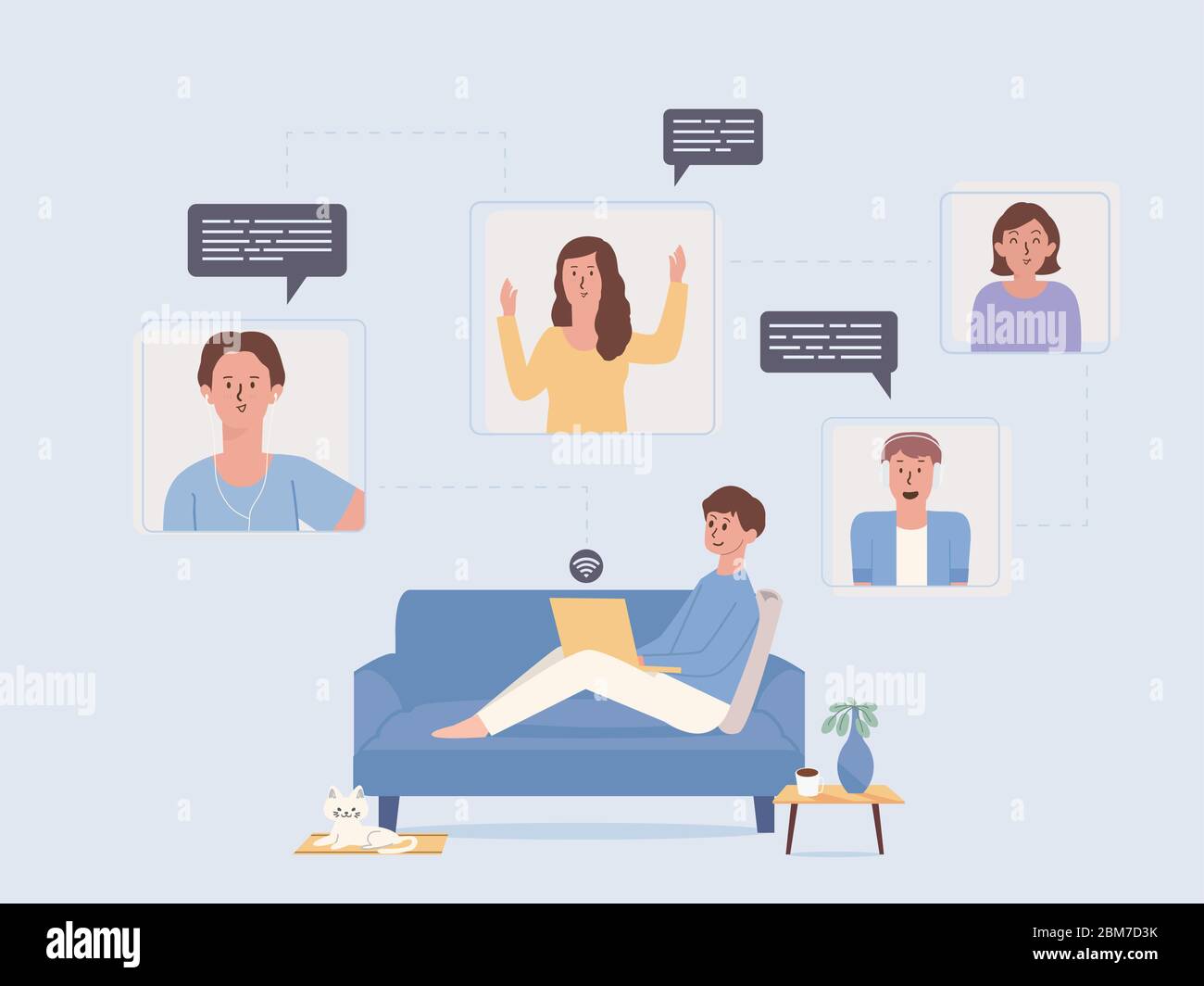 Homme se reposant sur le canapé et utilisant une vidéoconférence avec un ordinateur portable pour contracter de nombreuses personnes en même temps. Illustration de Vecteur