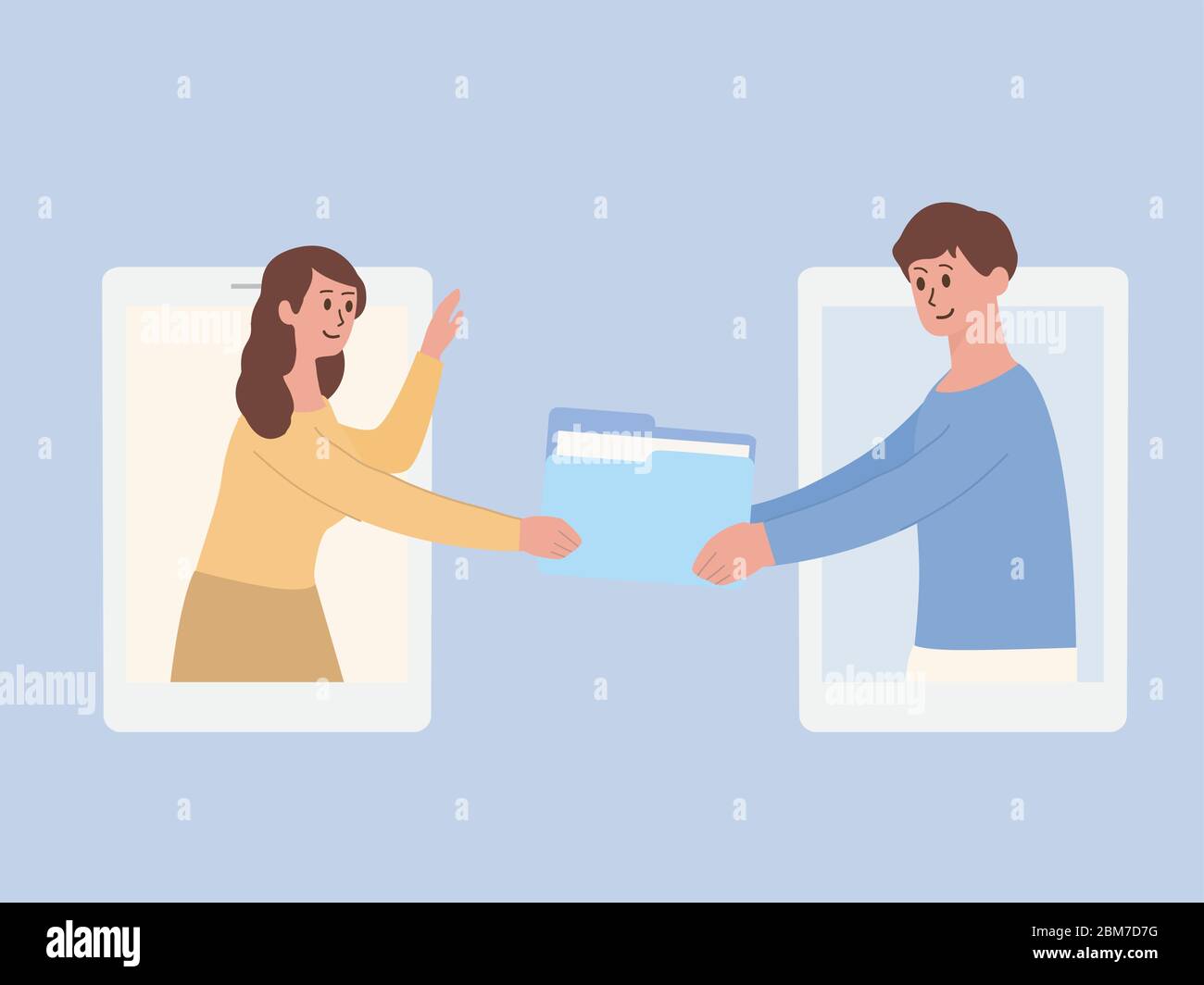 Femme hors de l'écran du téléphone et envoyer un dossier de fichiers numériques à son ami pour le travail à la maison. Illustration de l'utilisation de la visioconférence. Illustration de Vecteur