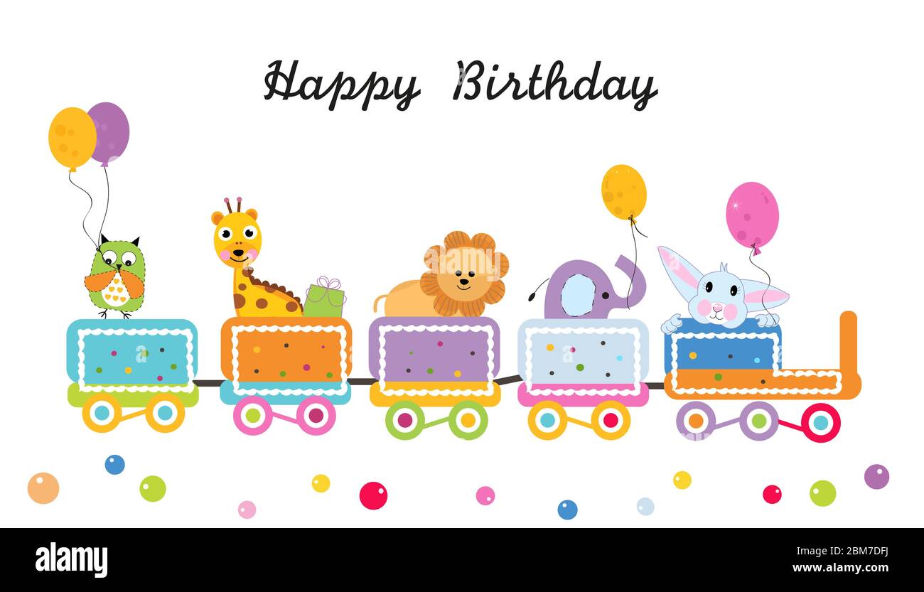 Joyeux Train D Anniversaire Avec Vecteur Animaux Carte De Vœux Coloree Image Vectorielle Stock Alamy