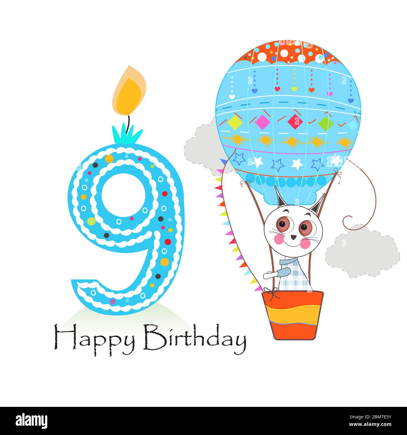Neuvieme Anniversaire Avec Montgolfiere Et Chats Mignons Carte De Voeux Pour Joyeux Anniversaire Image Vectorielle Stock Alamy