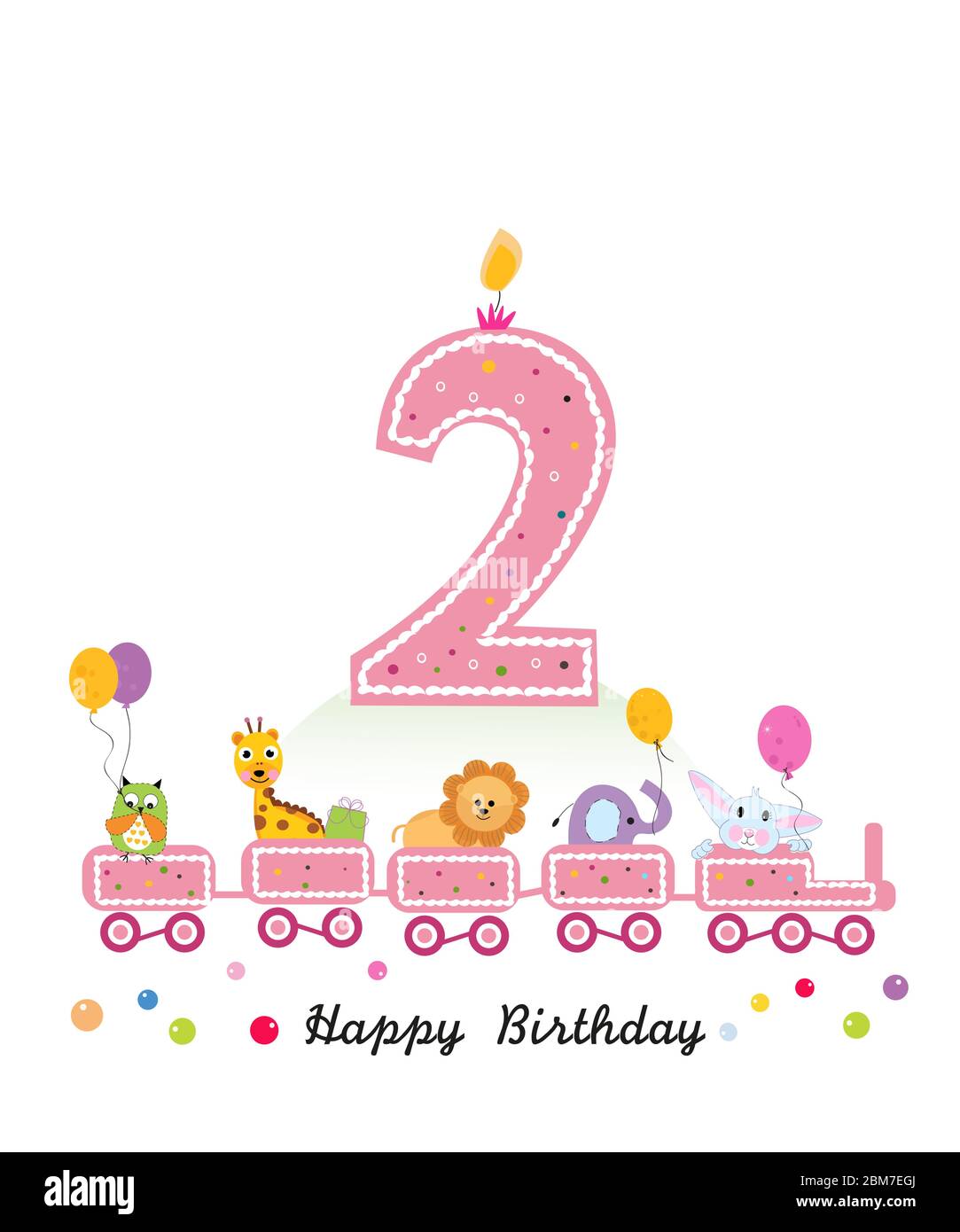Carte De Voeux Pour Fille Joyeux Deuxieme Anniversaire Train D Anniversaire Avec Animaux Image Vectorielle Stock Alamy