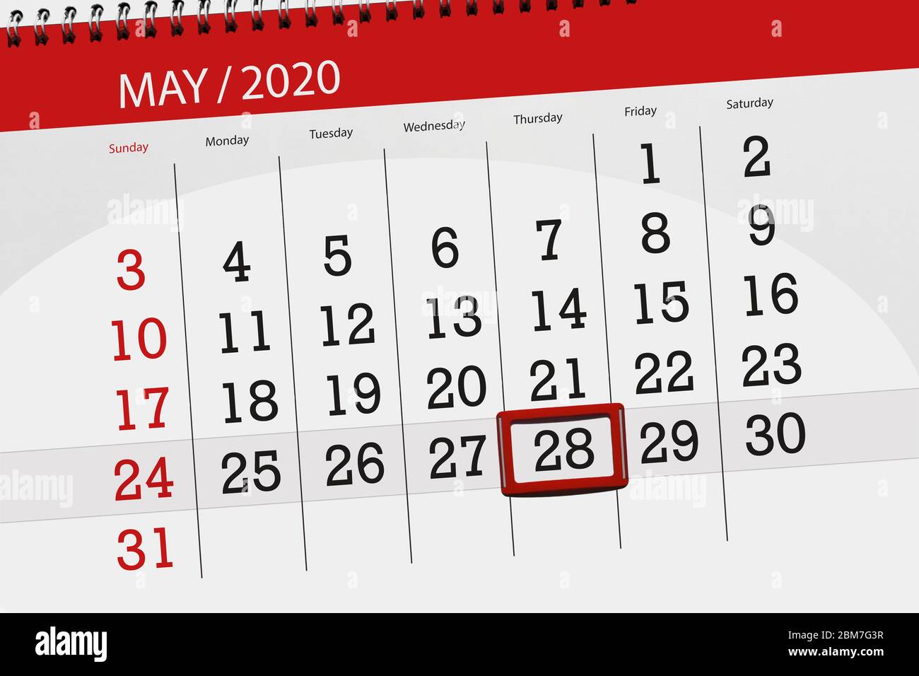 Calendrier du mois de mai 2020, date limite, 28, jeudi. Banque D'Images