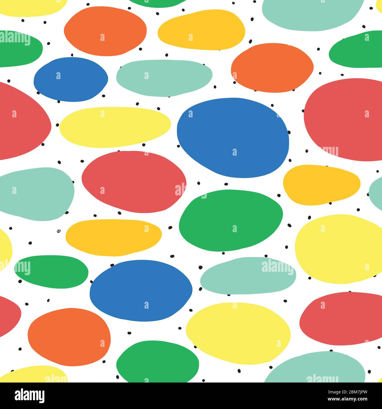 Répétition de l'arrière-plan abstrait pour enfants avec des formes de points organiques bleu, rouge, jaune, vert, orange. Motif vectoriel transparent. Collage PaperCut sur noir et Illustration de Vecteur