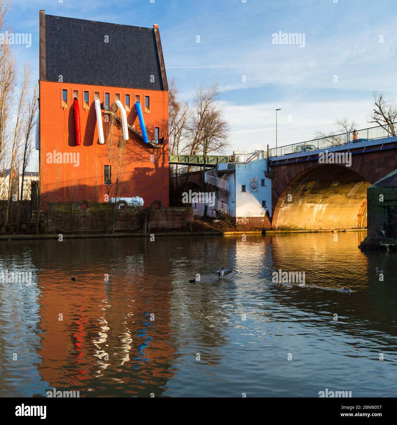 Vue en début de matinée de la galerie d'art contemporain Portikus sur Maininsel et l'Altetucke, Francfort-sur-le-main, Allemagne. Banque D'Images