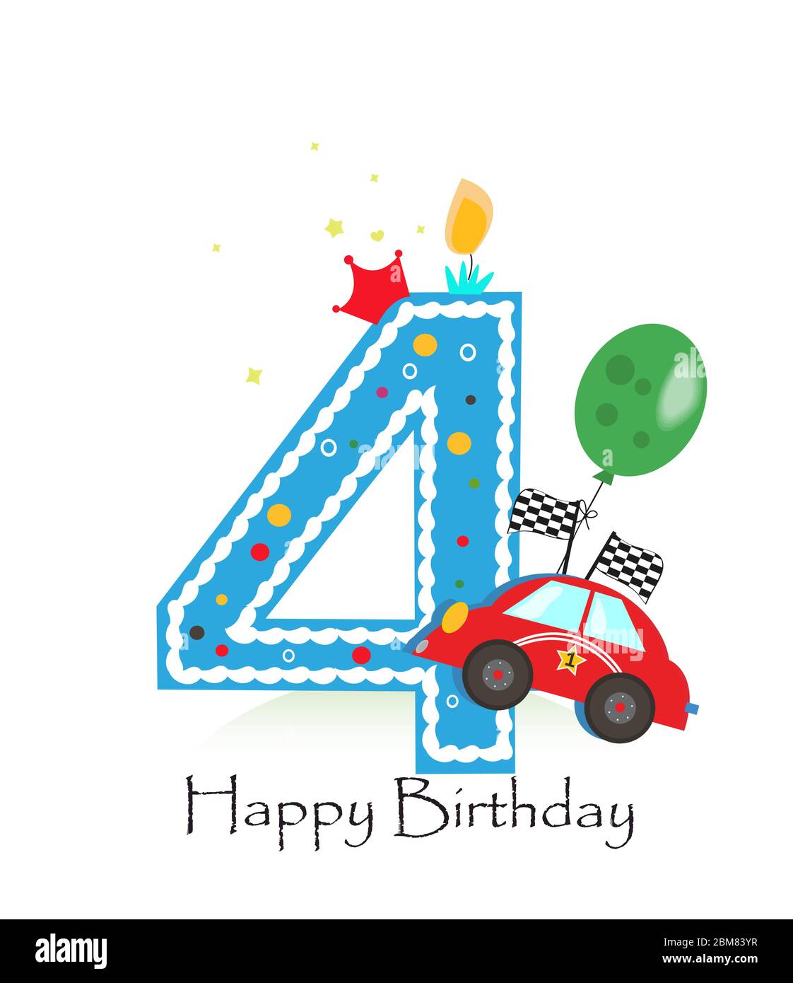 Bougie joyeux quatrième anniversaire. Carte de vœux pour bébé garçon avec illustration vectorielle de voiture de course Illustration de Vecteur