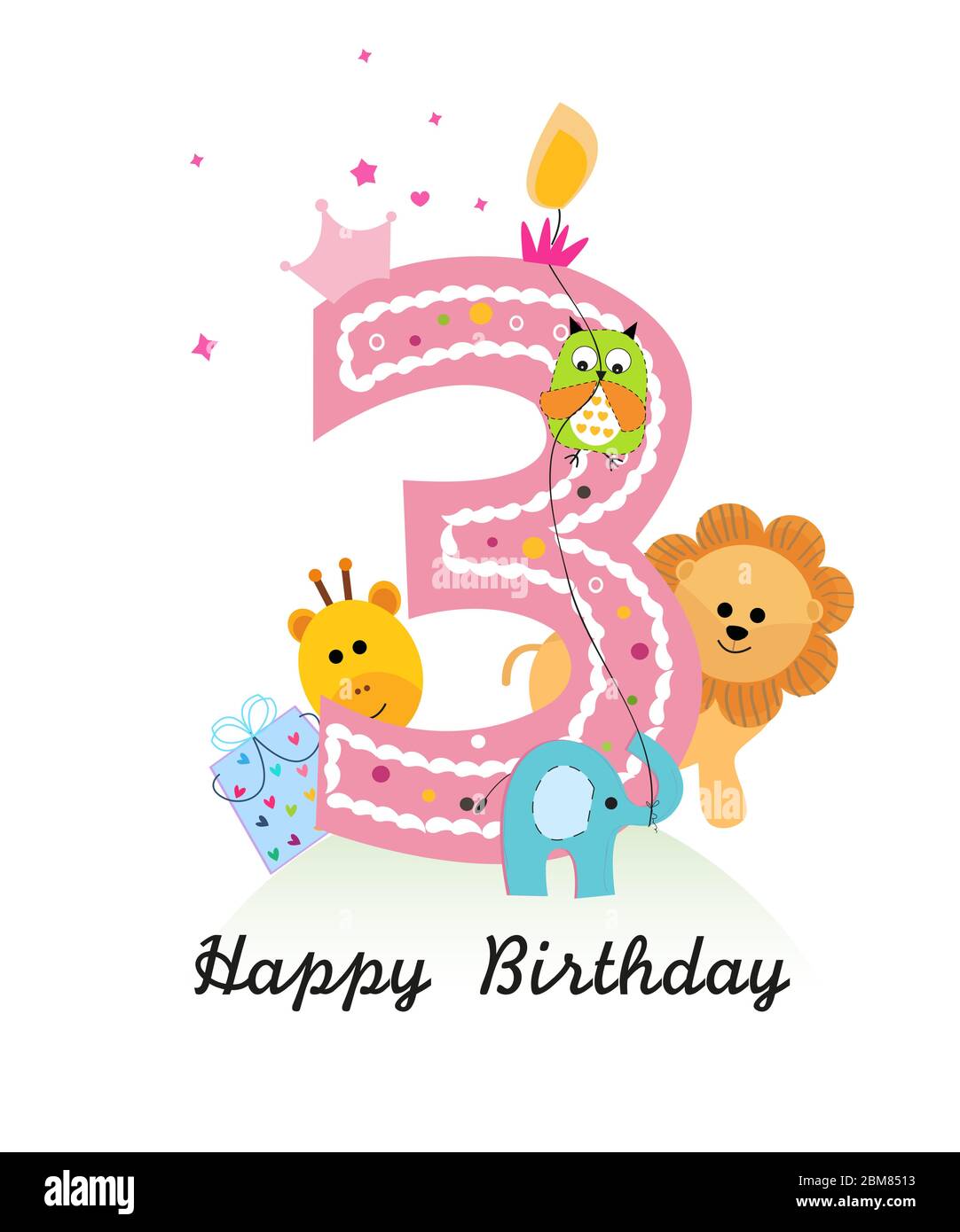 Joyeux Troisieme Anniversaire Avec Animaux Bebe Fille Carte De Voeux Vecteur Image Vectorielle Stock Alamy