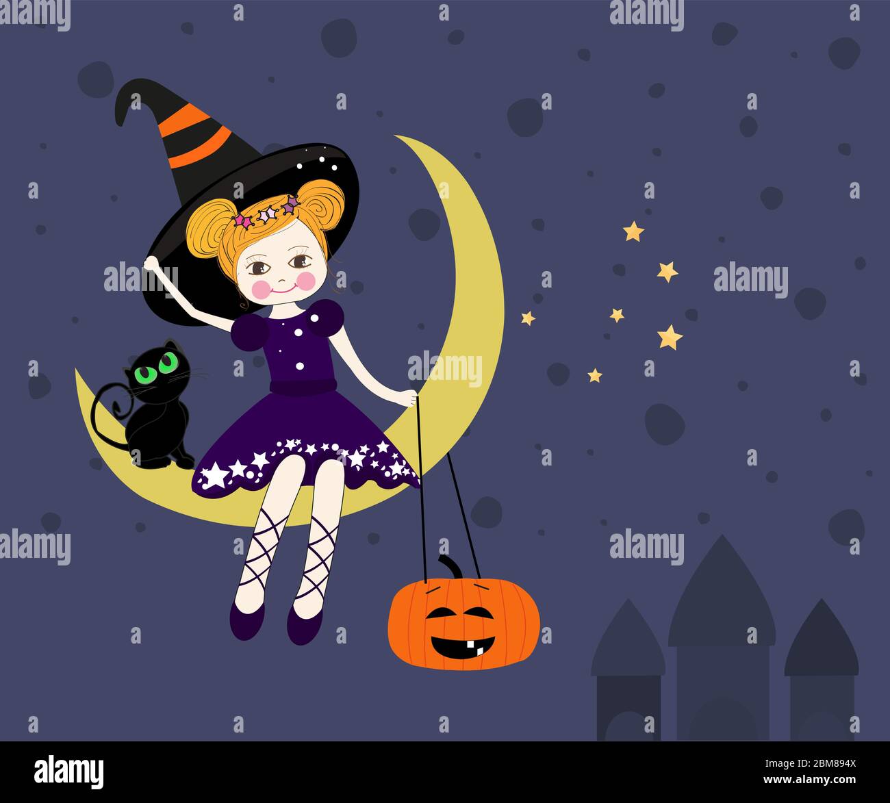 Jolie sorcière assise sur la lune la nuit, carte d'Halloween vecteur Illustration de Vecteur