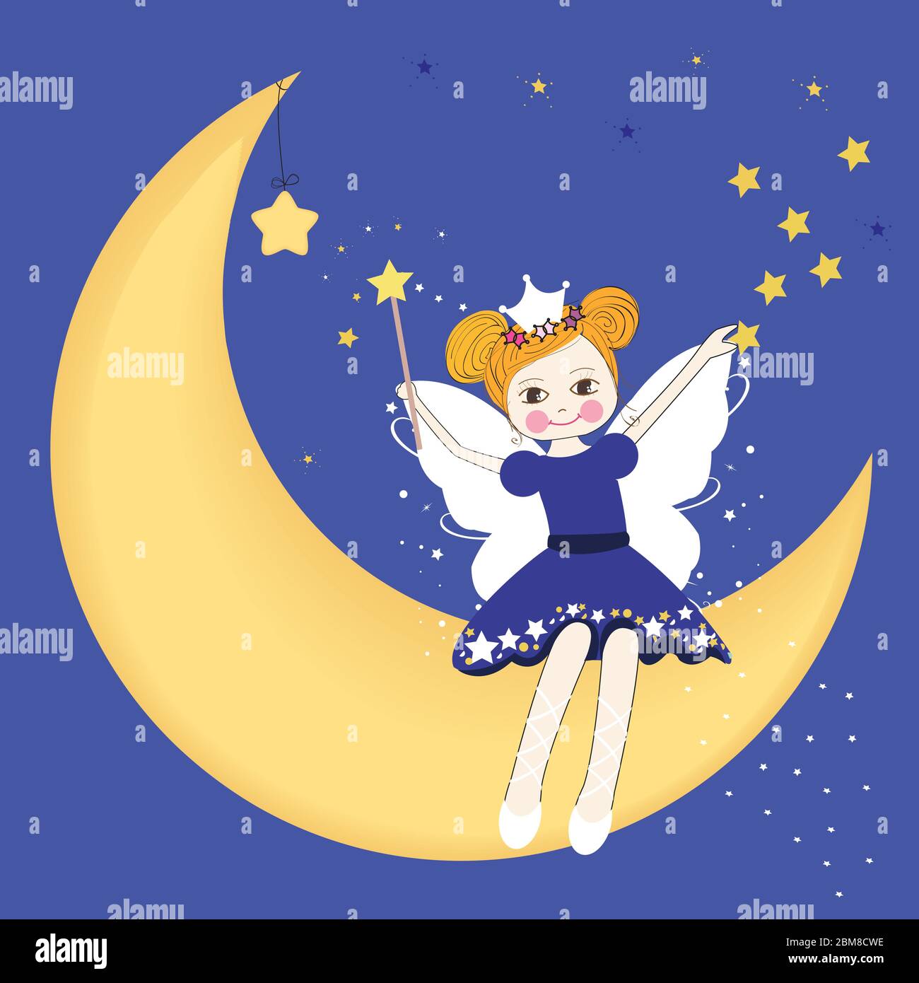 Belle fée assise sur la lune la nuit Illustration de Vecteur