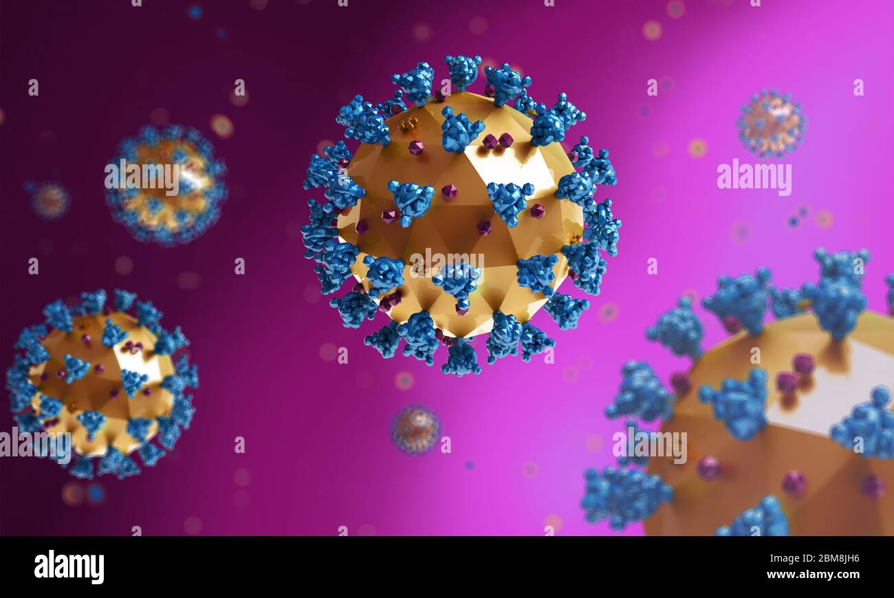 Illustration médicale du virus COVID-19. Représentation stylisée en poly bas et coloré du modèle d'infection par le coronavirus. Banque D'Images