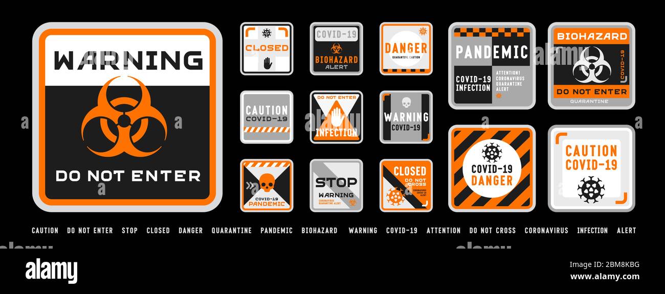 Ensemble de panneaux d'avertissement et d'interdiction de danger biologique de quarantaine du coronavirus covid-19. Design noir et orange haut niveau de détail. Alerte épidémique et pandémique. Illustration de Vecteur