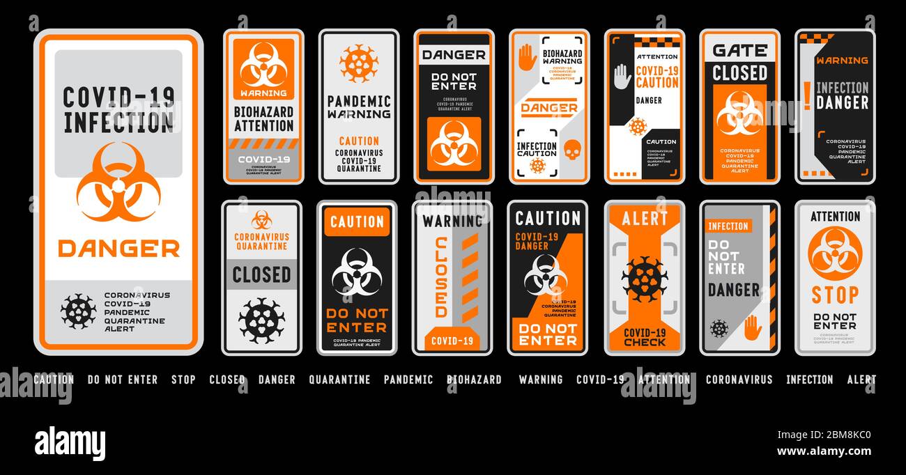 Ensemble de panneaux d'avertissement et d'interdiction de danger biologique de quarantaine du coronavirus covid-19. Design noir et orange haut niveau de détail. Alerte épidémique et pandémique. Illustration de Vecteur