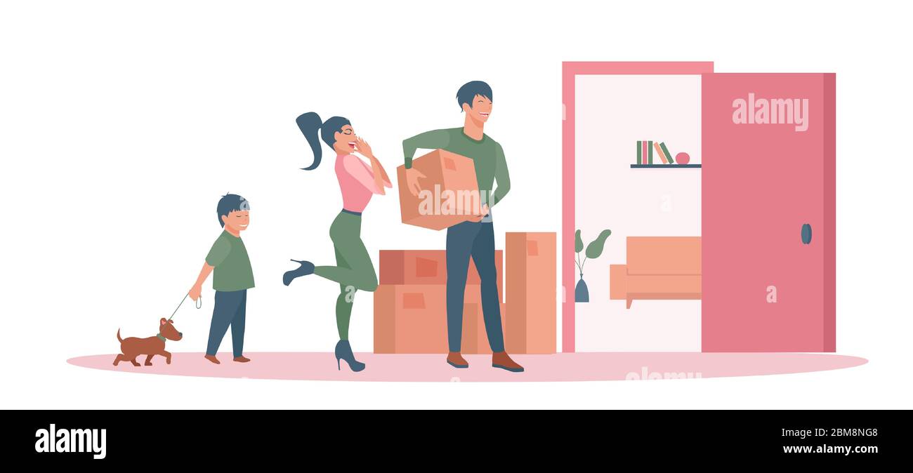 Vecteur d'une jeune famille heureuse déménatrouvant dans un nouvel appartement Illustration de Vecteur