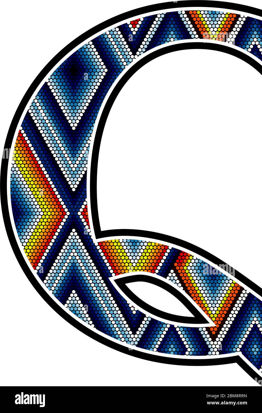 Lettre majuscule initiale Q avec des points colorés motif abstrait inspiré du style mexicain de l'art huichol. Isolé sur fond blanc Illustration de Vecteur