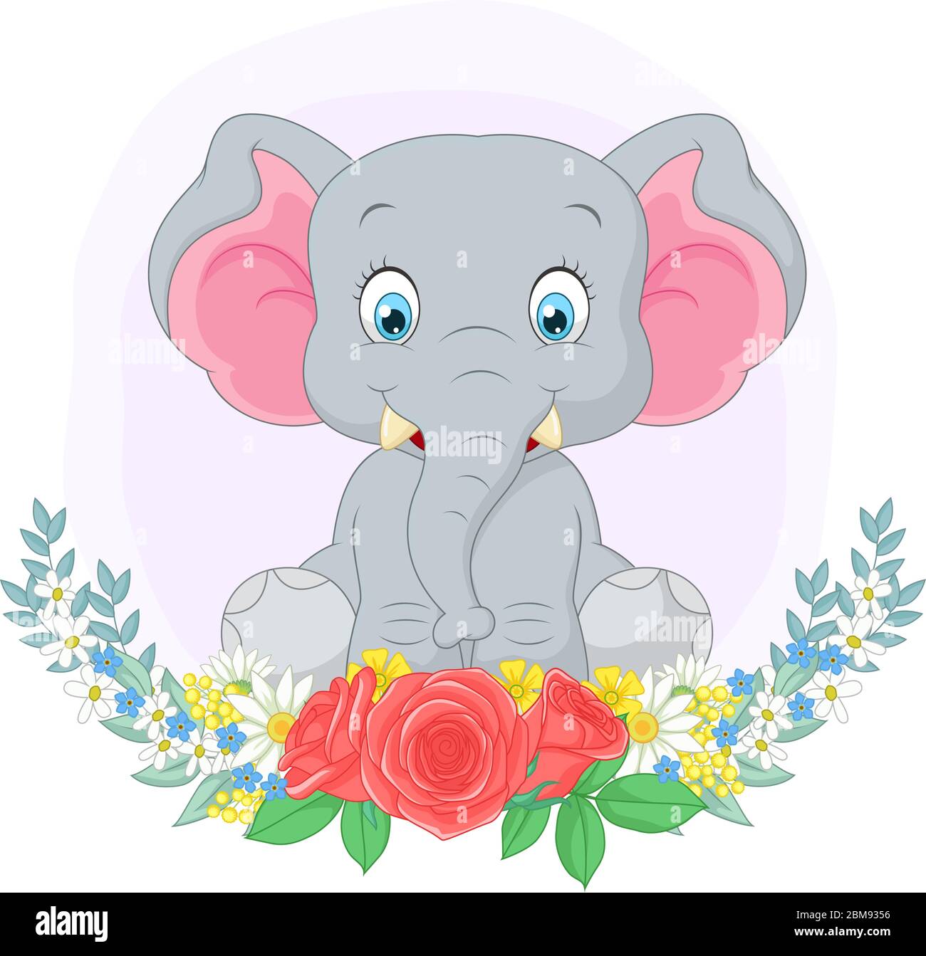 Dessin animé éléphant mignon assis avec des fleurs fond Illustration de Vecteur