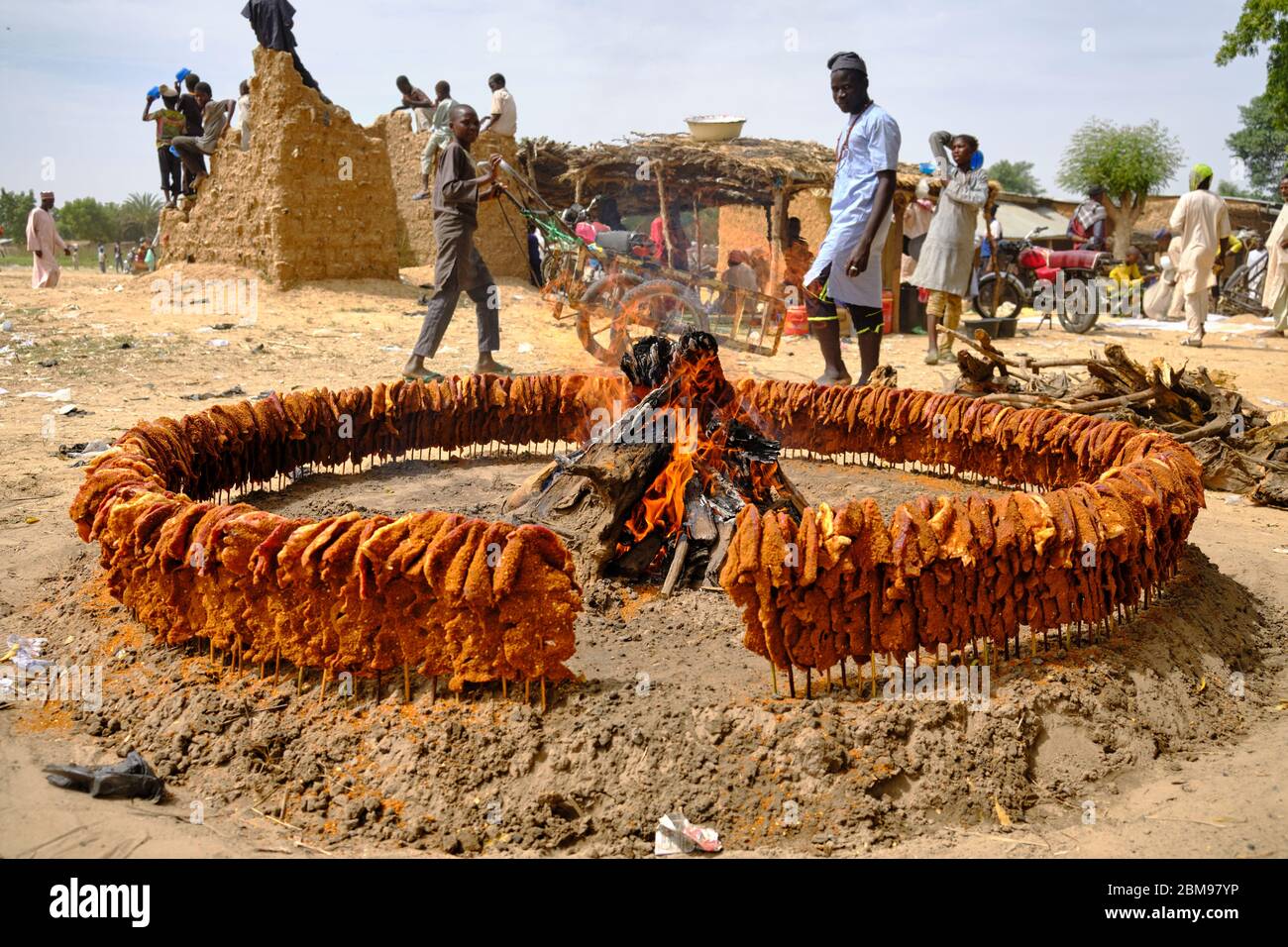 Brochettes de viande cuisinant au feu sur un marché de rue à Birnin Kudu. Banque D'Images