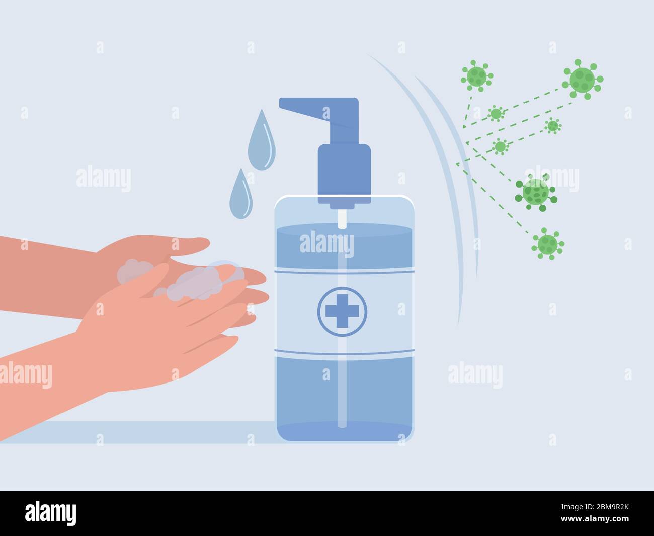 Nettoyer la main avec un désinfectant pour les mains à base d'alcool pour faire réfléchir le virus. Illustration du concept de protection contre les virus. Illustration de Vecteur