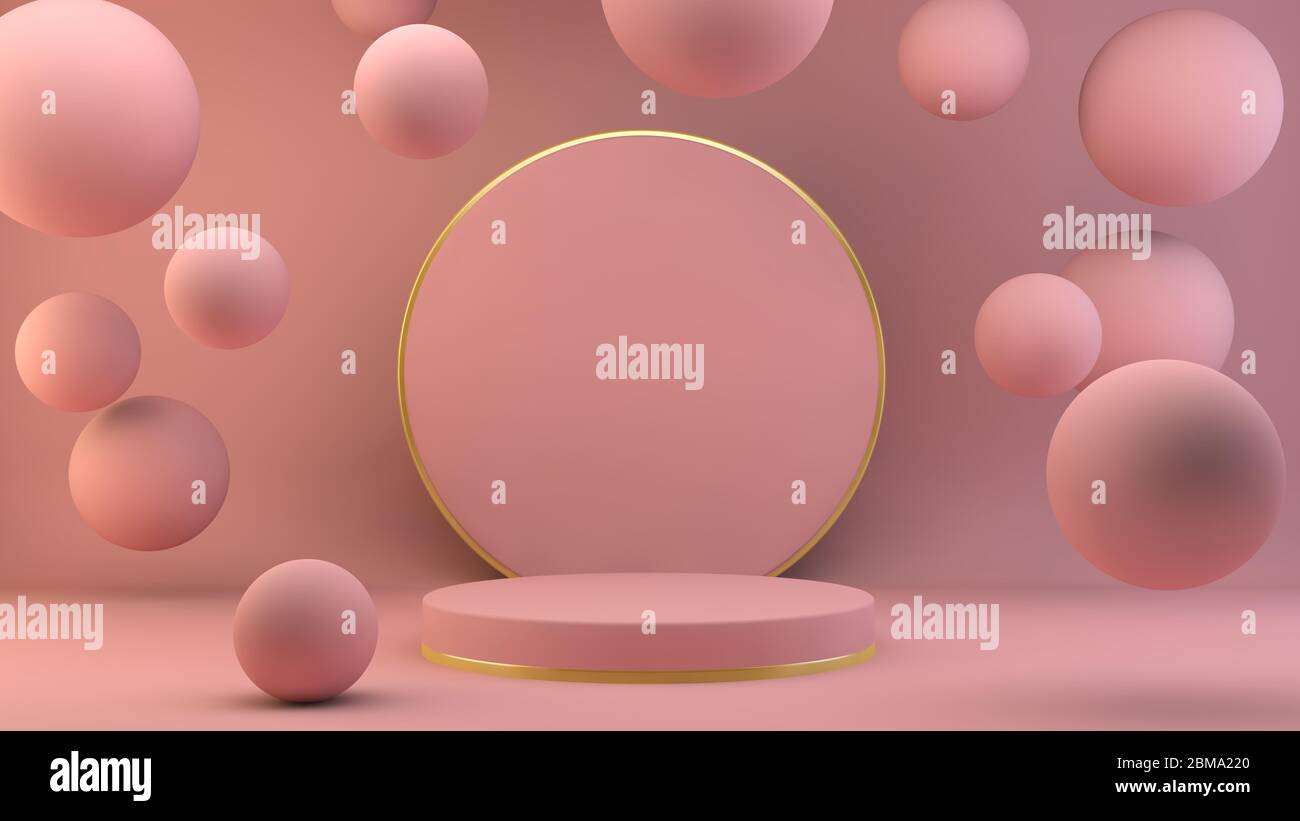 plate-forme rose avec sphères flottantes et détails dorés pour le rendu 3d de présentation de produit Banque D'Images