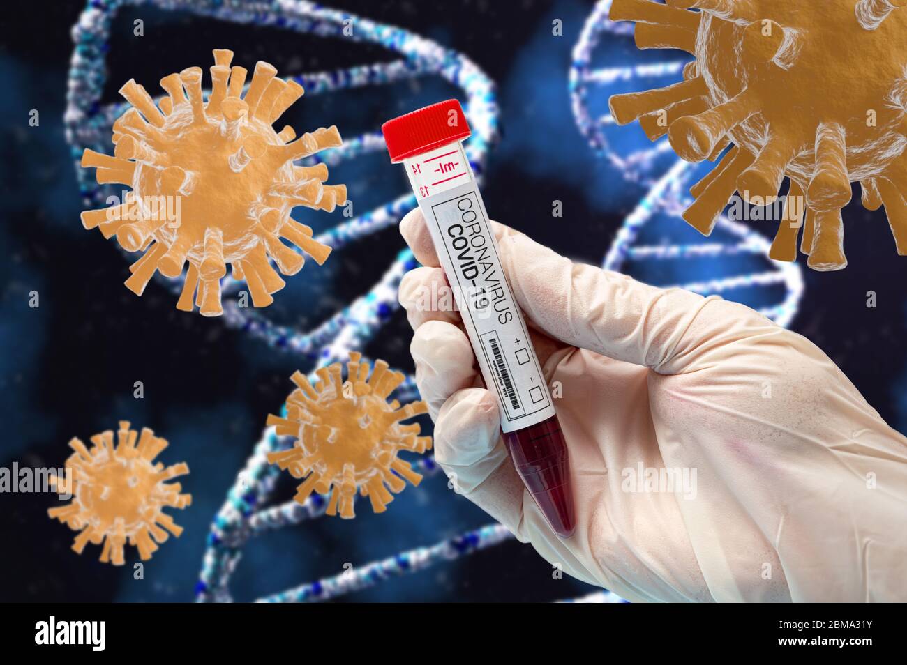 Une main portant un gant en latex blanc et tenant un kit de test de coronavirus. Concept de pandémie infectieuse. Banque D'Images