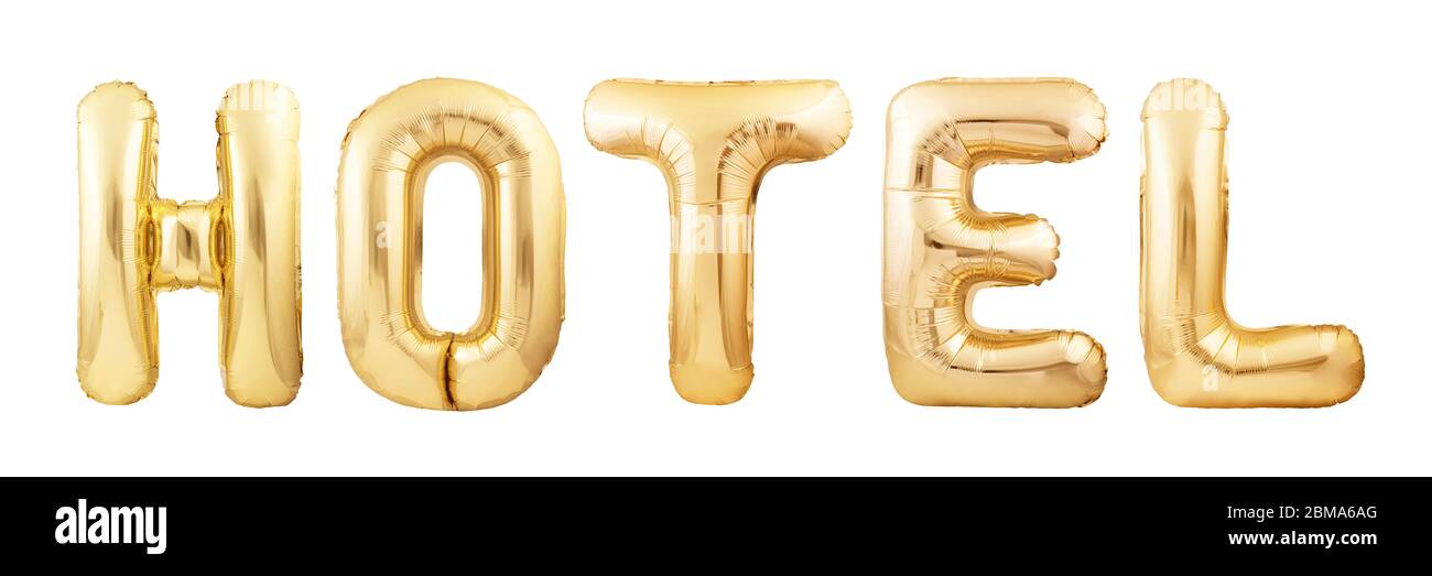 Mot d'hôtel fait de ballons gonflables dorés isolés sur fond blanc Banque D'Images