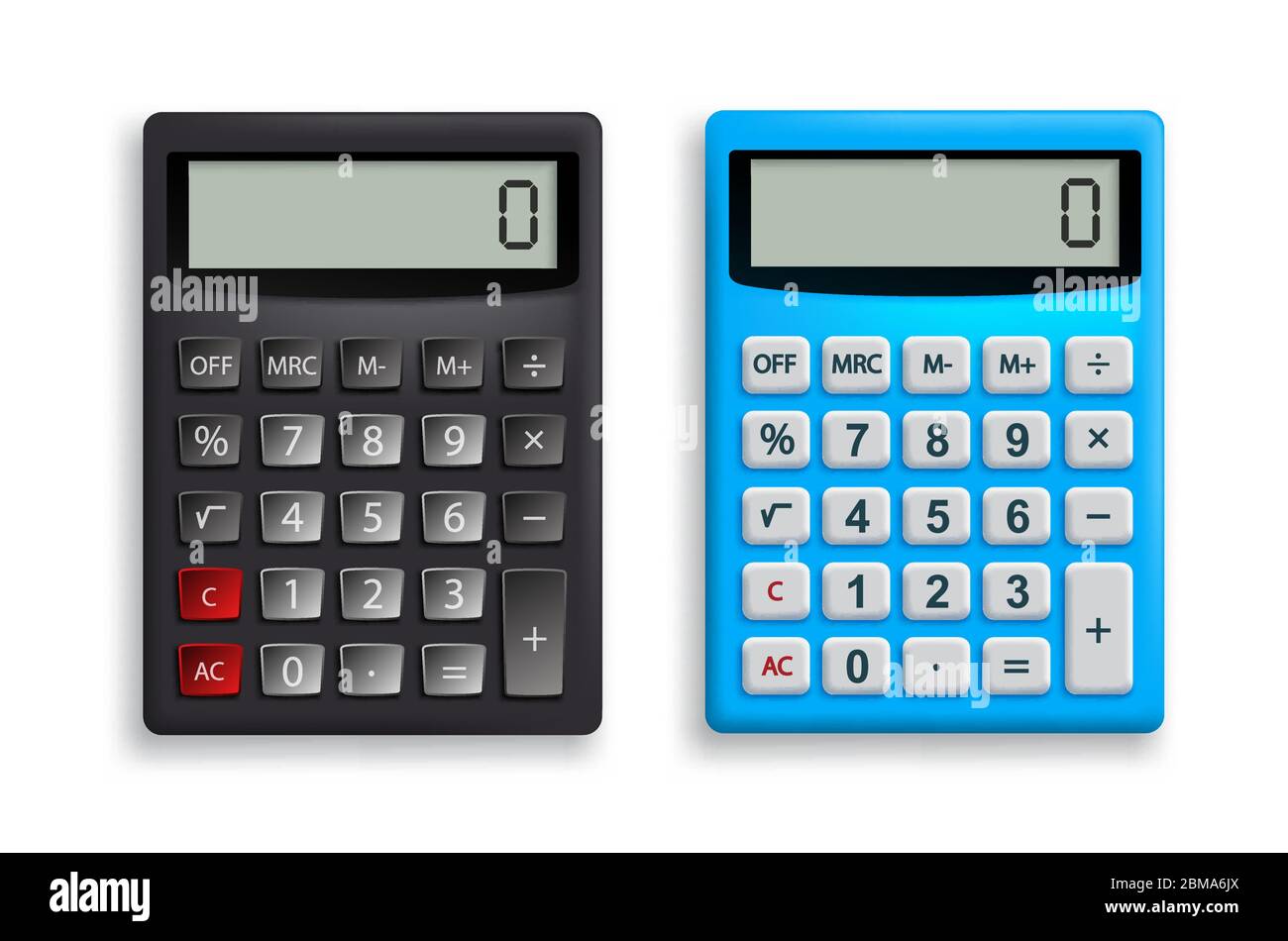 Jeu de vecteurs de calculatrice. Calculatrice de bureau en noir et bleu avec vue de dessus 3D Realistic look for design elements. Illustration vectorielle. Illustration de Vecteur