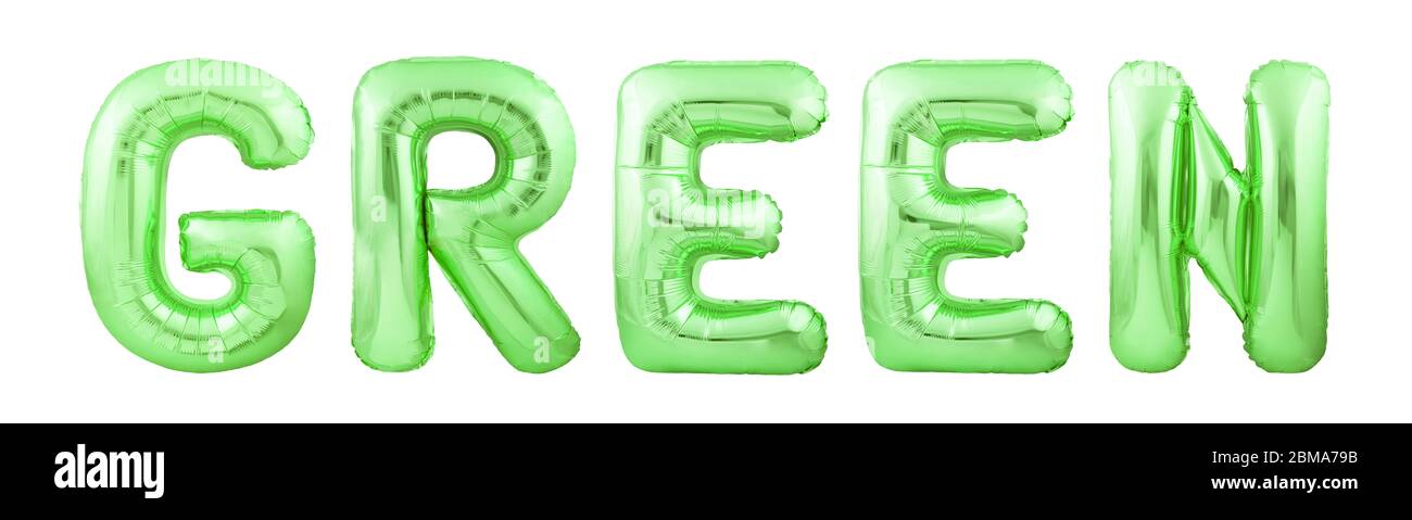 Mot vert fait de ballons gonflables isolés sur fond blanc Banque D'Images
