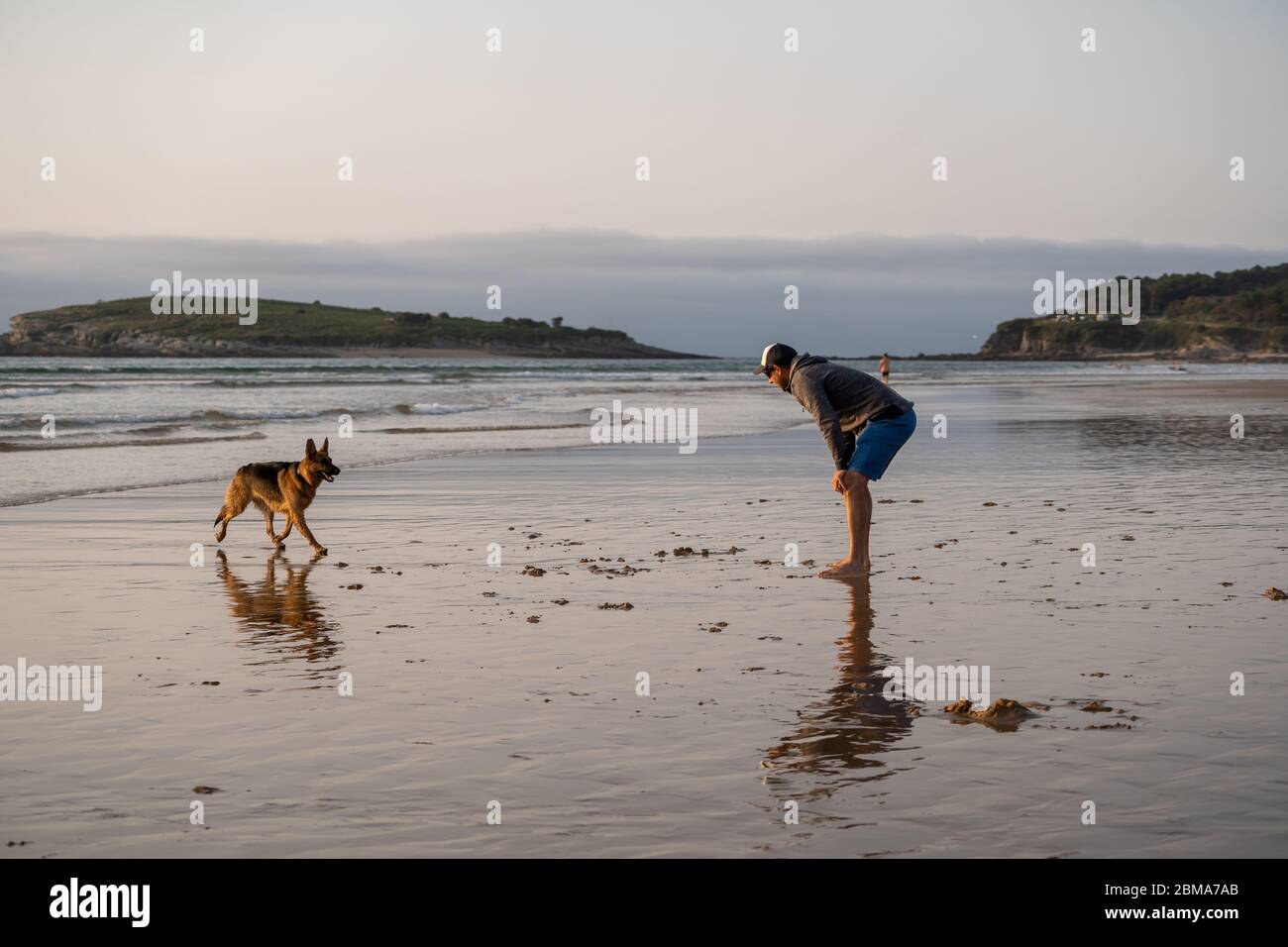 Homme et chien berger allemand jouant sur la plage au coucher du soleil. Propriétaire avec un animal de compagnie hors de la laisse courant gratuit à une plage pour chiens, vacances pour animaux de compagnie d Banque D'Images