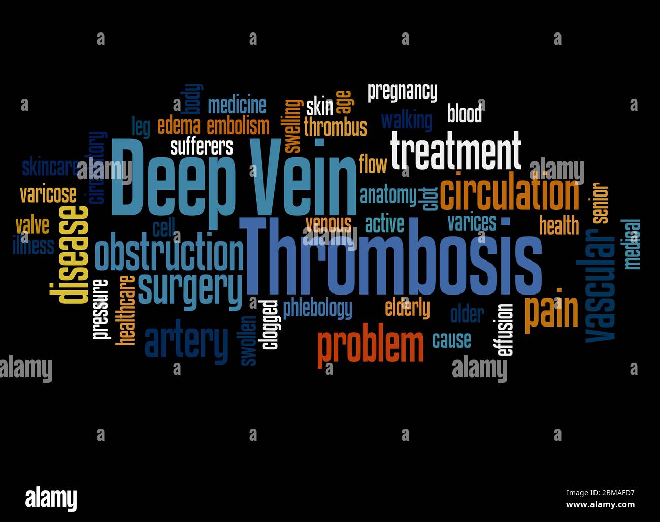 Concept de nuage de mots de thrombose profonde de veine sur fond noir. Banque D'Images