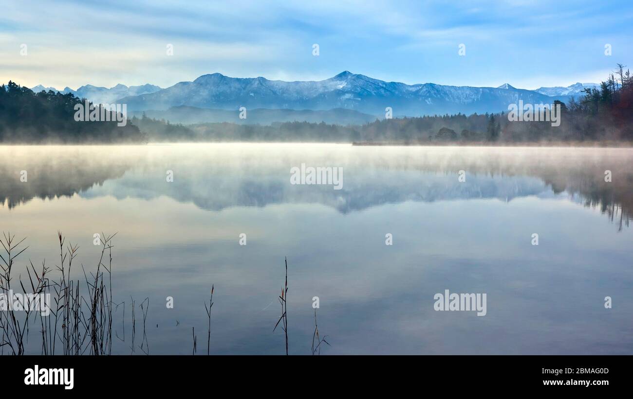 Alpes à l'Ostersee dans la matinée, Allemagne, Bavière Banque D'Images