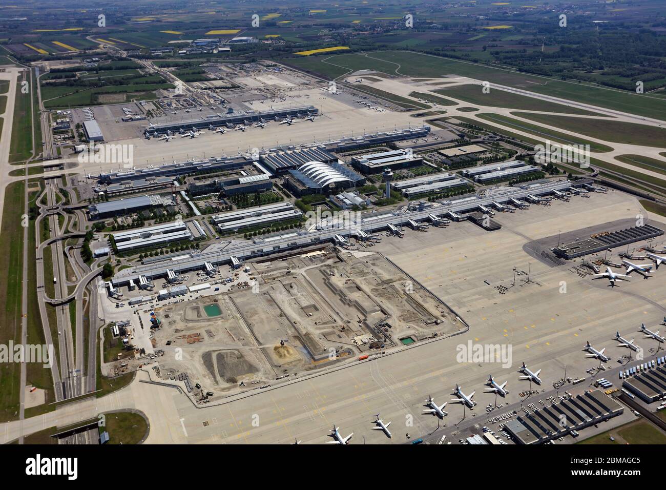 Vide aéroport de Munich à corona crise 2020, 07.05.2020, vue aérienne, Allemagne, Bavière, Muenchen Banque D'Images