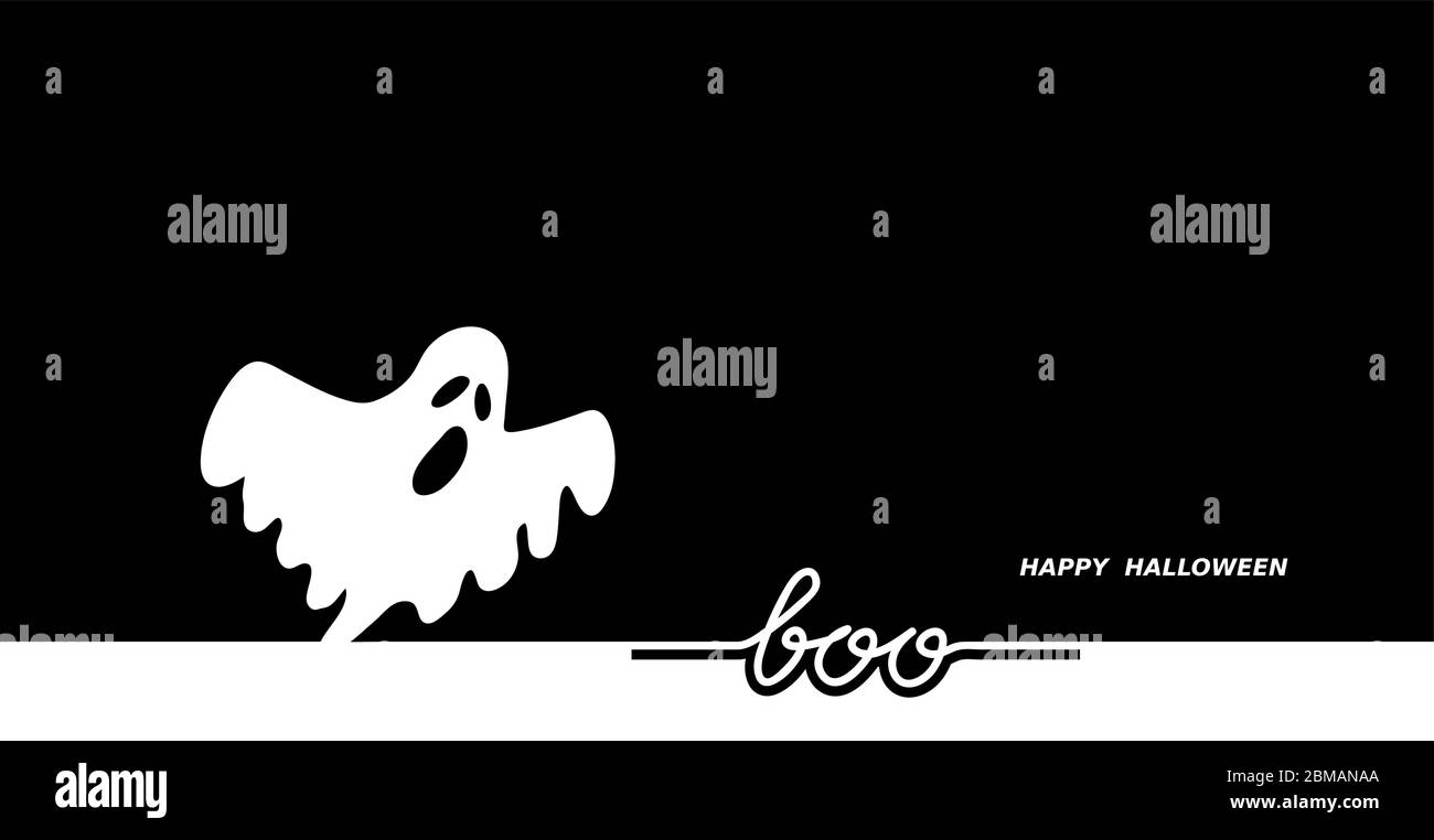 Illustration d'arrière-plan vectoriel noir blanc fantôme négatif effrayant. Joyeux Halloween fond, bannière. Ghost dit boo Illustration de Vecteur
