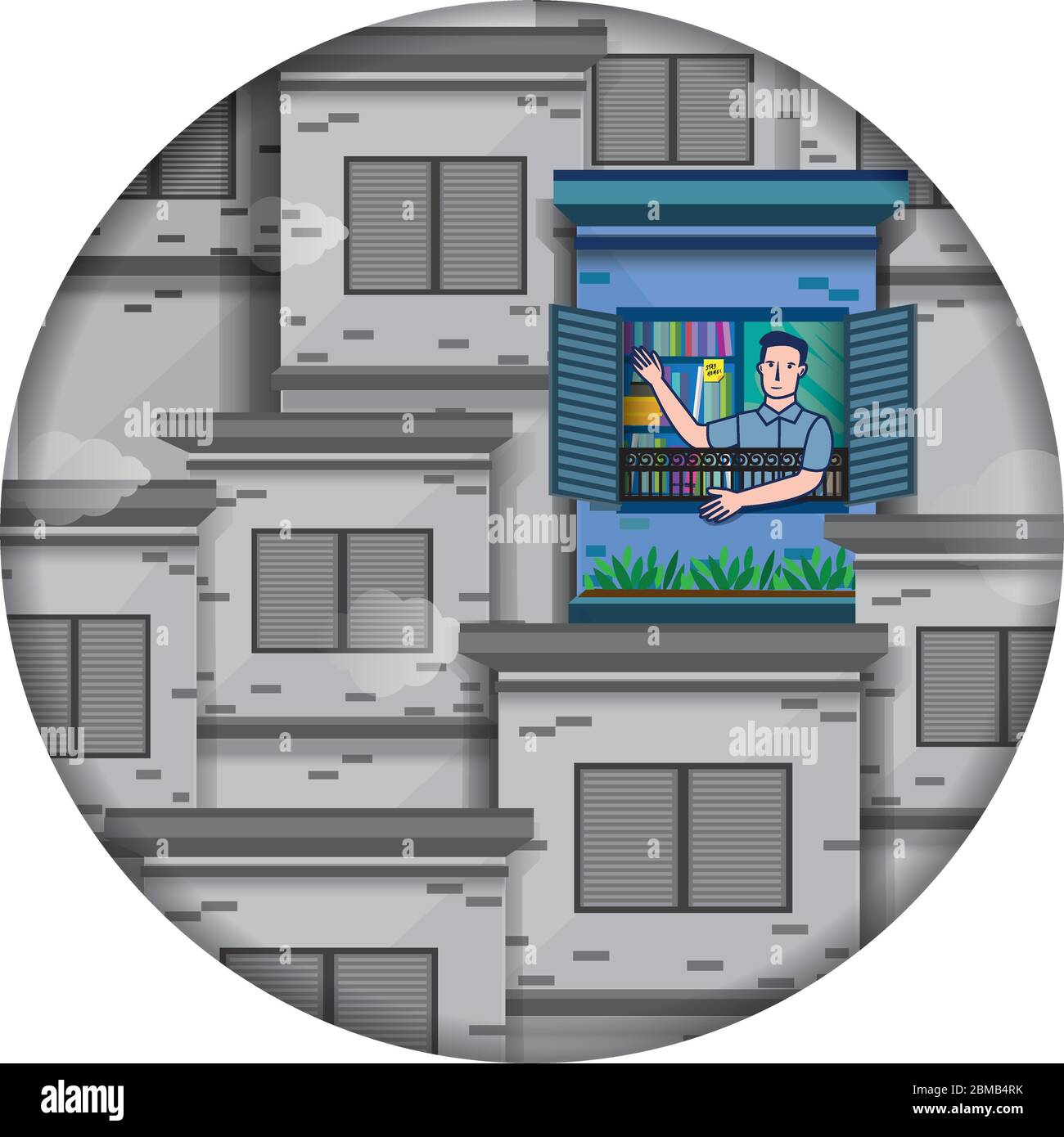 Un homme solitaire agitant sur son balcon pendant la période de contrôle de mouvement, avec le fond de maisons tranquilles autour. Distanciation sociale. Illustration de Vecteur