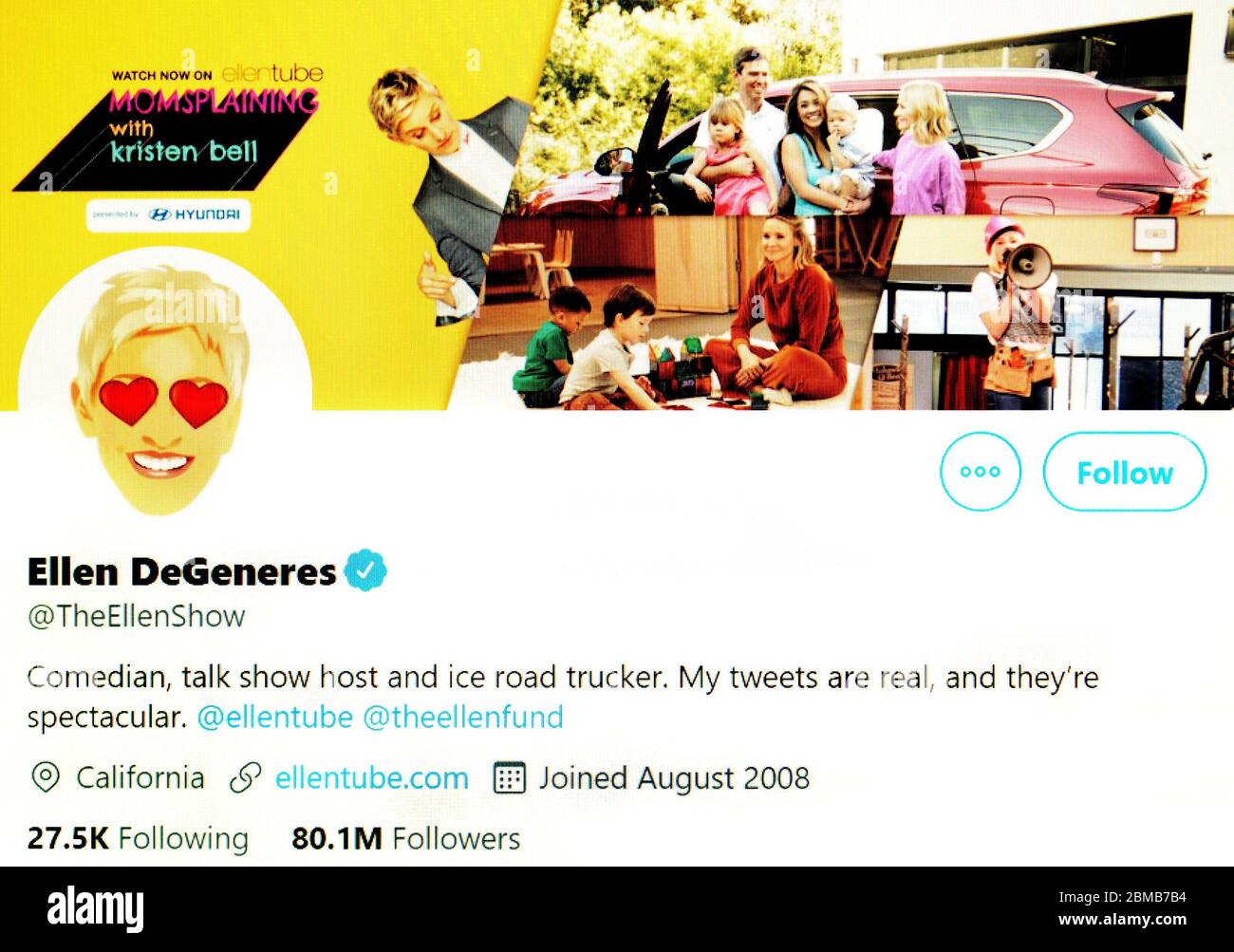 Page Twitter (mai 2020) : Ellen DeGeneres - comédienne et animateur de talk show Banque D'Images