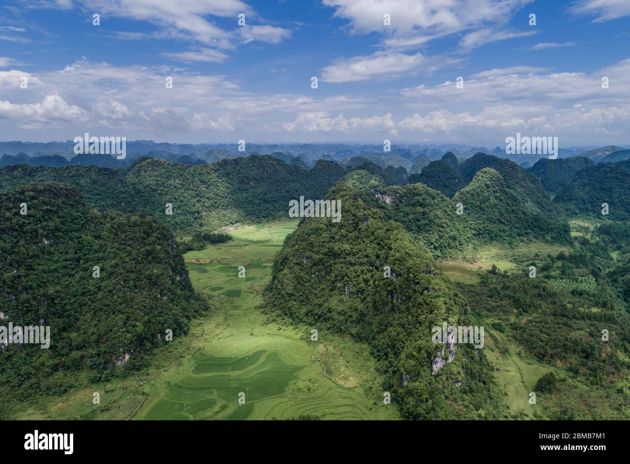 Vue aérienne sur les montagnes de Karst et les rizières Banque D'Images