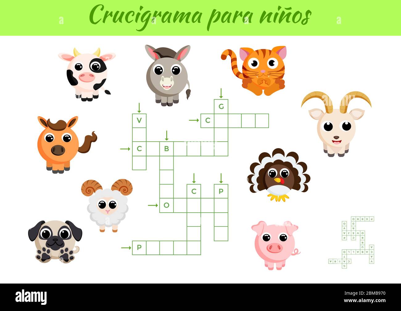 Crucigrama para niños - Crossword pour les enfants avec des photos. Feuille de travail d'activité version imprimable colorée. Jeu éducatif pour étudier des mots espagnols. Illustration de Vecteur