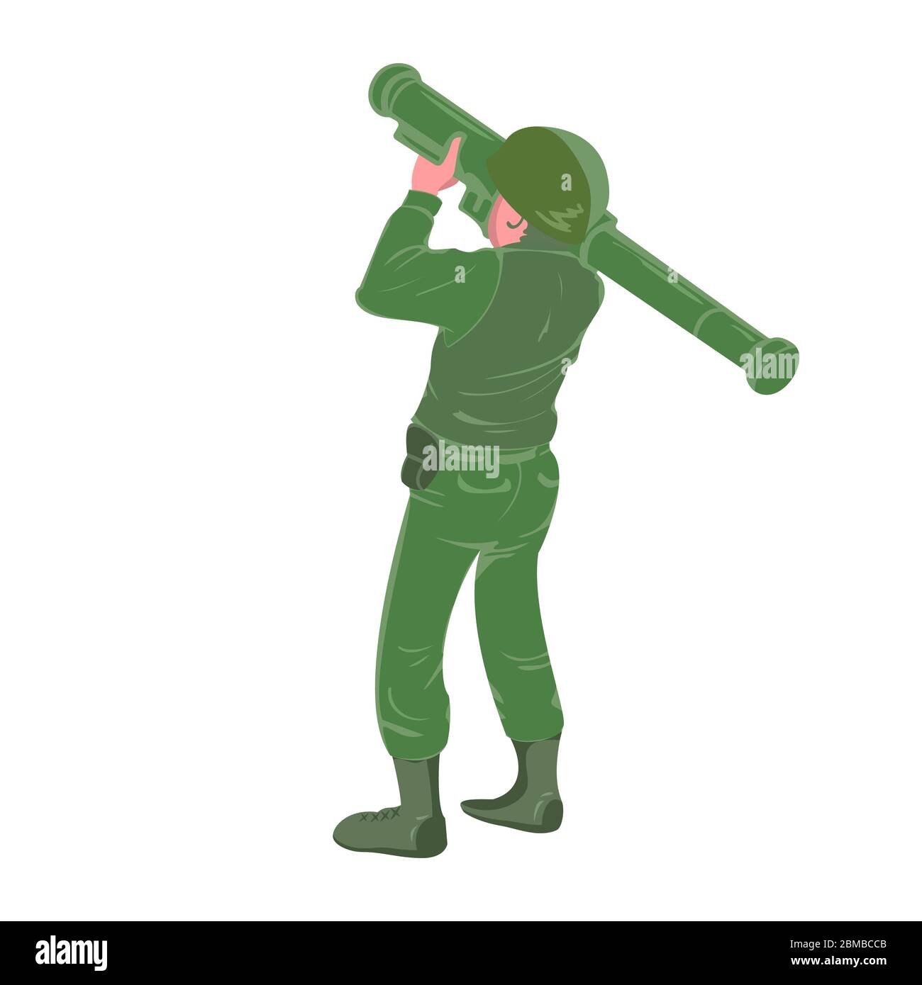 Militaire tenant et visant un lance-roquettes. Symbole ou signe de bataille de zone de guerre. Arme lourde. Explosion de missile balistique, caractère vectoriel plat Illustration de Vecteur