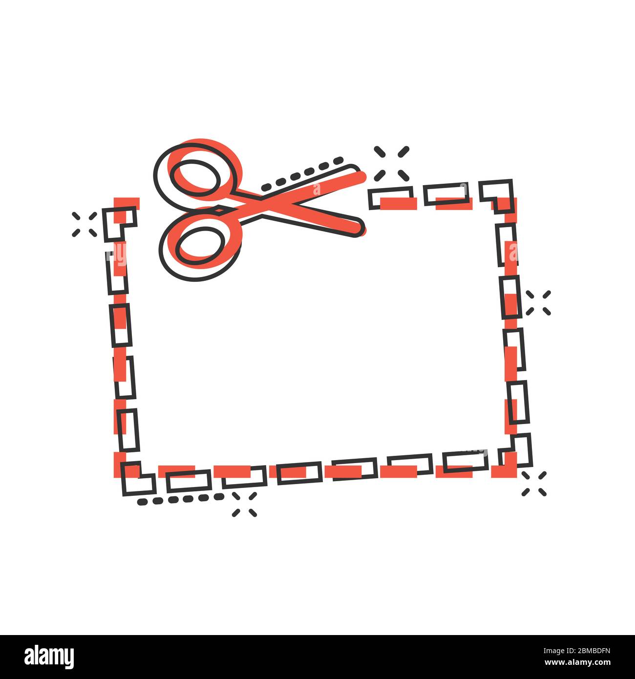 Icône de lignes de découpe de coupon en style comique. Illustration vectorielle de signe de dessin animé en forme de ciseaux sur fond blanc isolé. Vente autocollant effet splash affaires Illustration de Vecteur