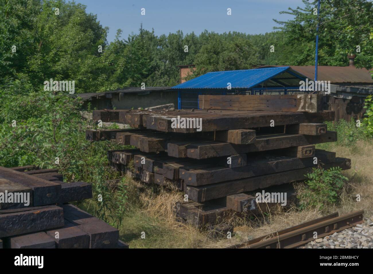 un dernier parc et des trains abandonnés sur le paysage vert Banque D'Images
