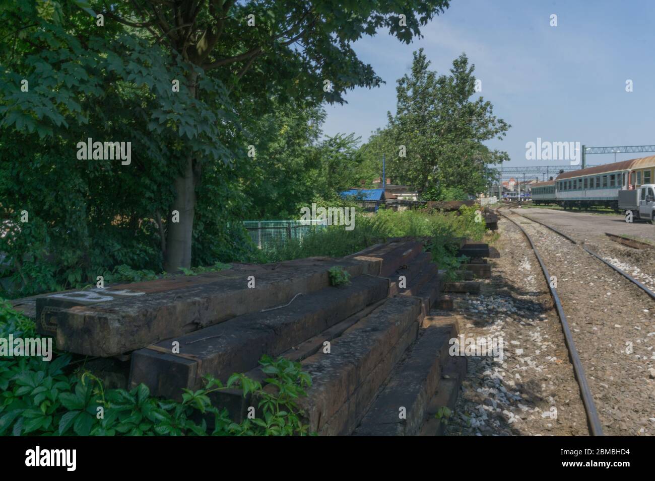 un dernier parc et des trains abandonnés sur le paysage vert Banque D'Images