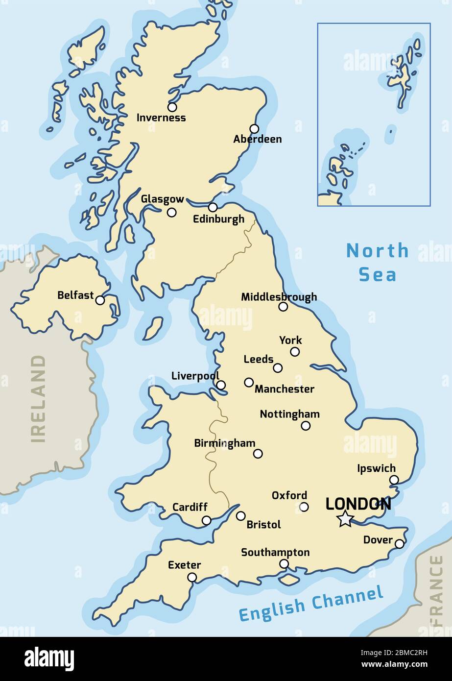 Royaume-uni map vector - grandes villes indiquées sur la carte du Royaume-Uni. Illustration de Vecteur