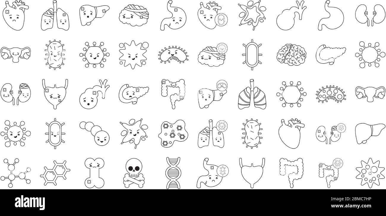 Style de ligne icône ensemble conception de virus d'organes humains et de soins médicaux thème illustration vectorielle Illustration de Vecteur