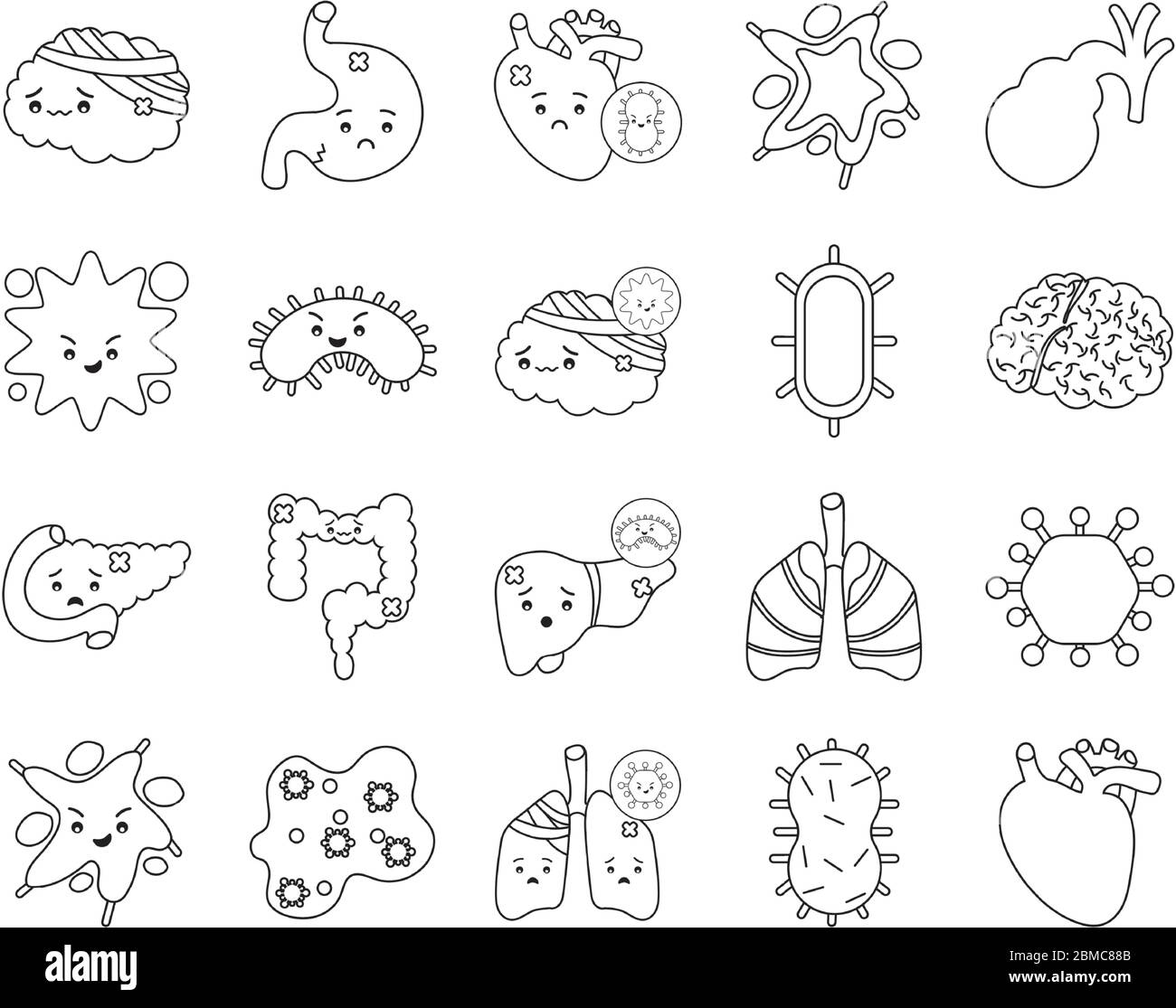 Style de ligne icône ensemble conception de virus d'organes humains et de soins médicaux thème illustration vectorielle Illustration de Vecteur