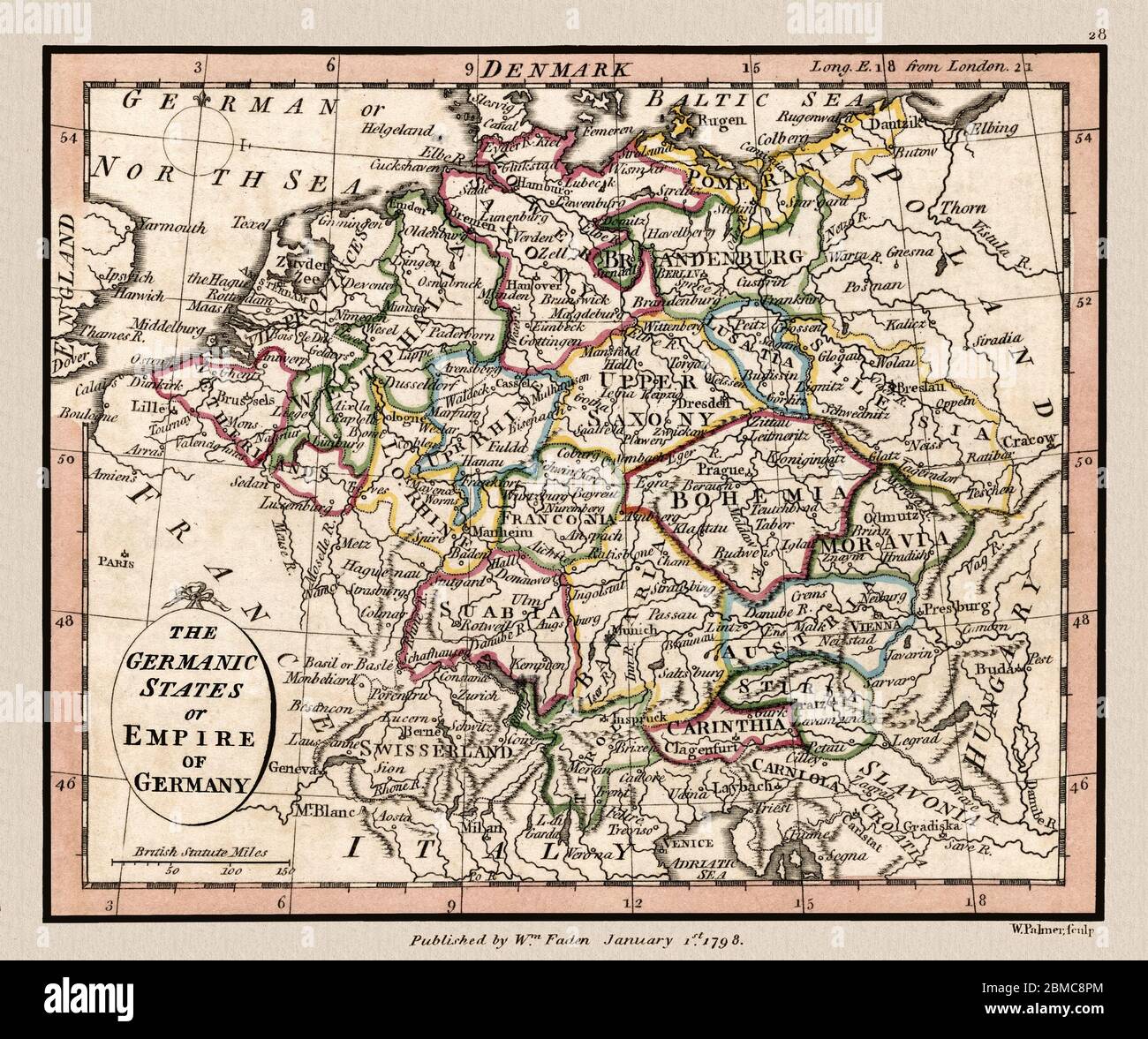 « États germaniques ou Empire d'Allemagne. » La carte détaillée montre les régions de l'Allemagne vers 1798. Il s'agit d'une reproduction de carte historique très détaillée. Original d'un Atlas britannique publié par le célèbre cartographe William Faden. Banque D'Images