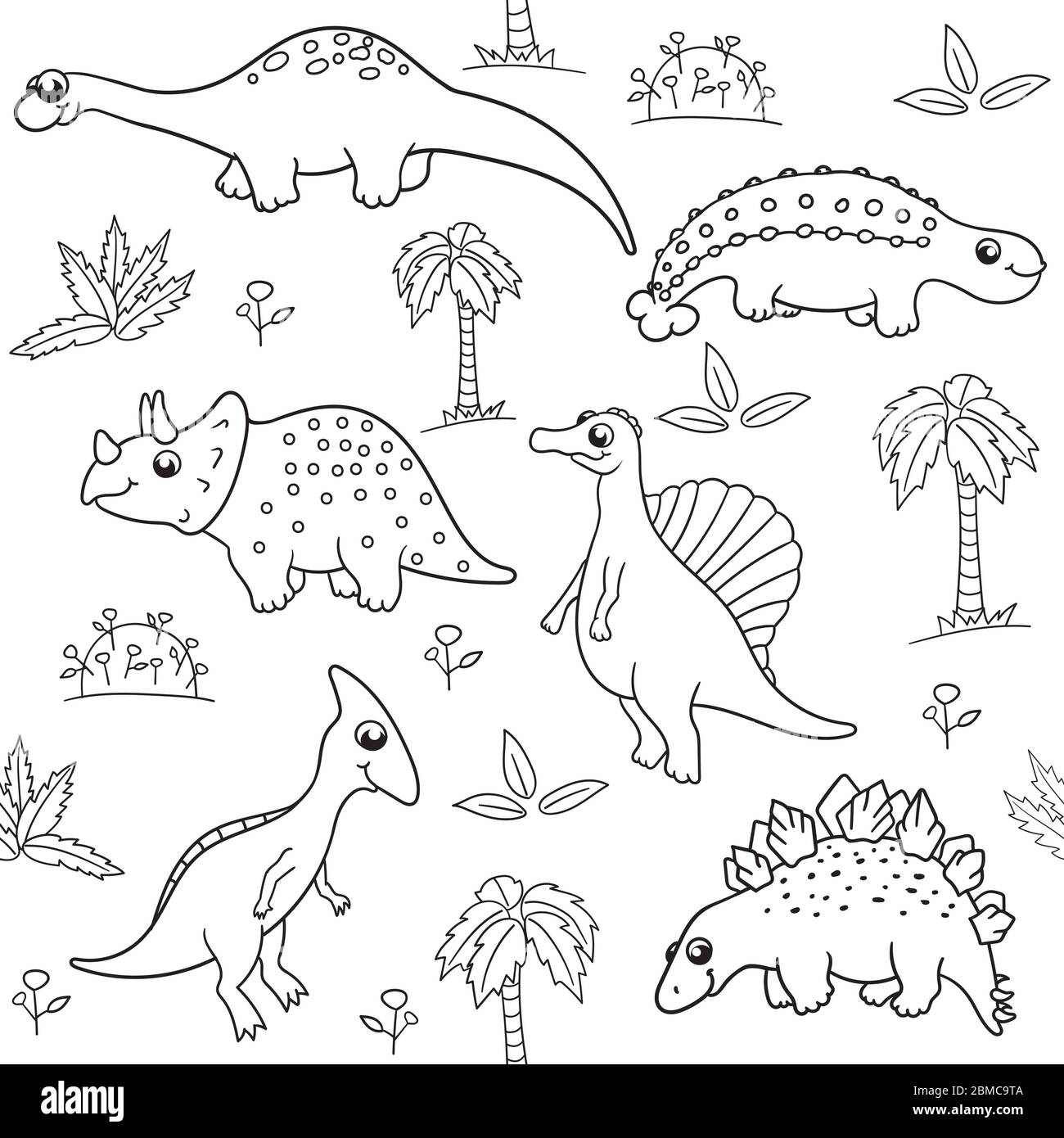 Motif vectoriel sans couture en noir et blanc sur fond blanc avec divers dessins animés dinosaures, palmiers, feuilles. Pour papier peint, impression sur Illustration de Vecteur