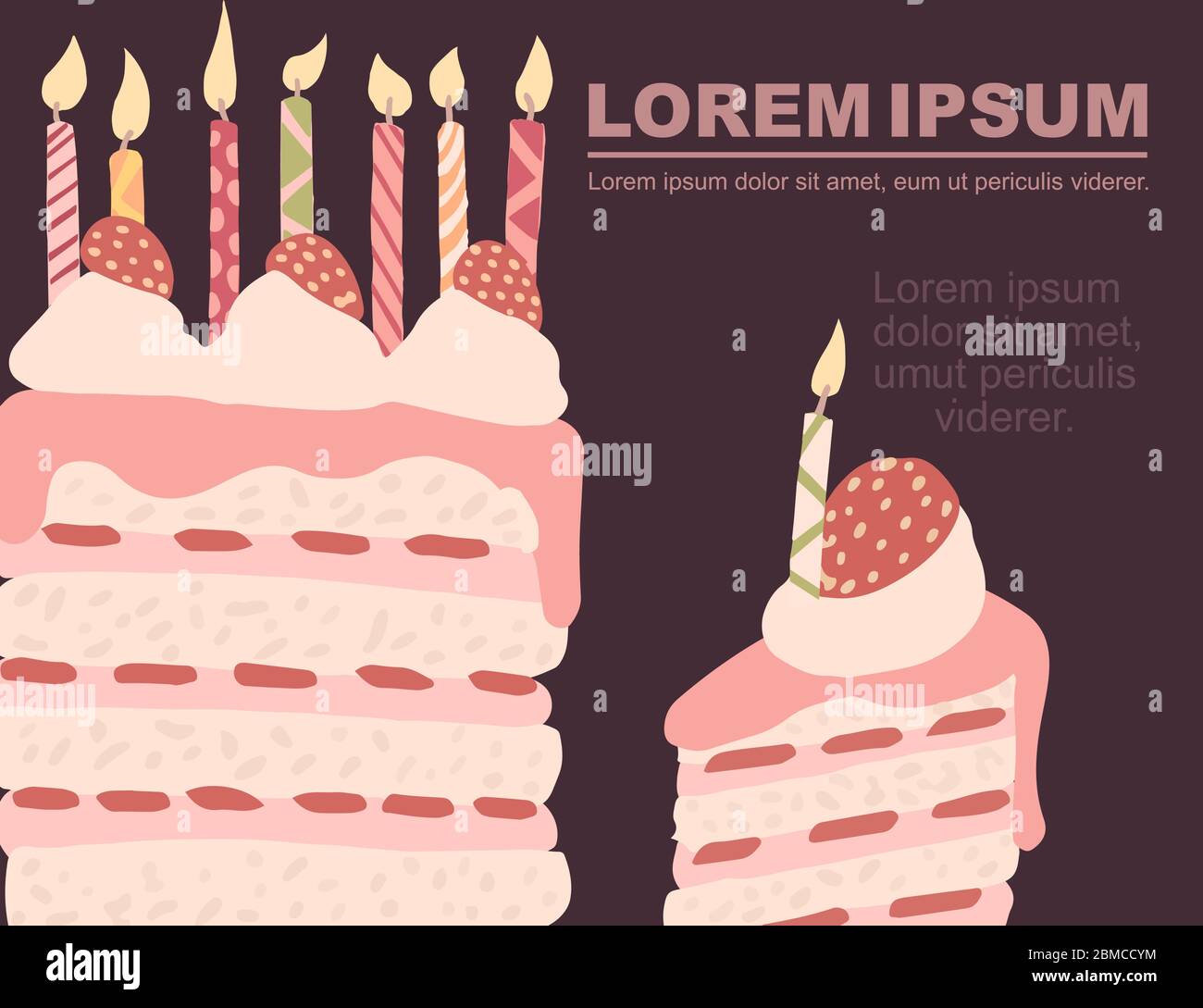 Publicité flyer design morceau de gâteau avec fraise et bougies d'anniversaire illustration vectorielle plate sur fond marron Illustration de Vecteur