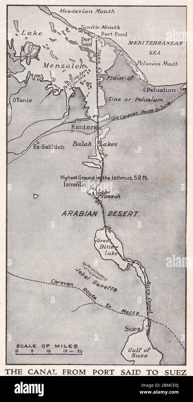 Carte des années 1930 du canal de Port Said à Suez. Banque D'Images