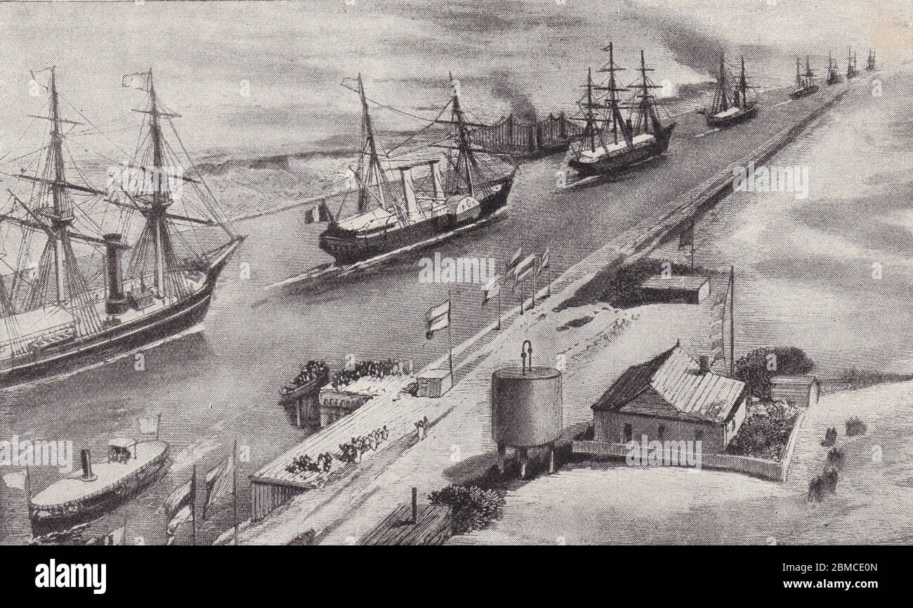Illustration / dessin vintage des années 1930 du canal de Suez en 1869. Banque D'Images