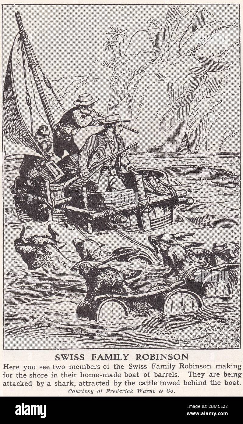 Dessin vintage des années 1930 de la famille suisse Robinson. Banque D'Images